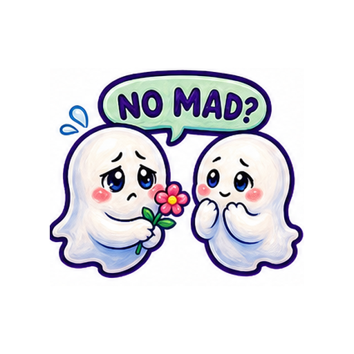 NO MAD? Cute Ghost Love emoji sticker on white background PNG for chat reactions