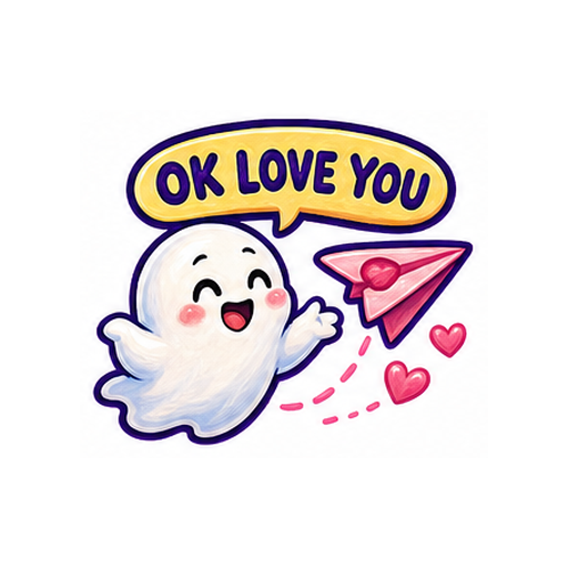 OK LOVE YOU Cute Ghost Love emoji sticker on white background PNG for chat reactions